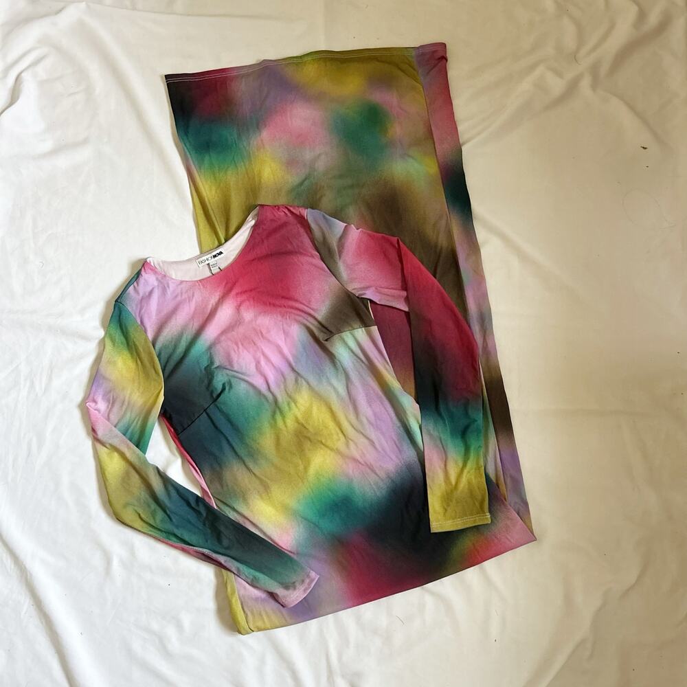 pink, green and blue long sleeve tye-dye maxi dress